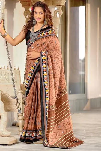 Brown ikkat print mulmul cotton saree with blouse.
