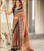 Brown ikkat print mulmul cotton saree with blouse.