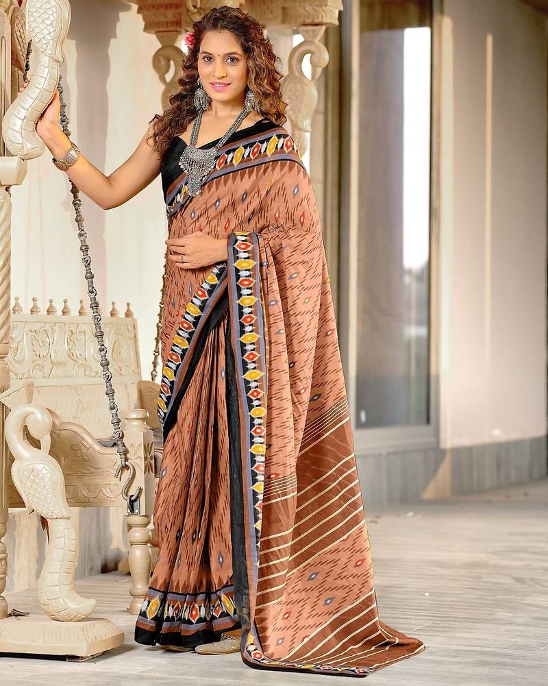 Brown ikkat print mulmul cotton saree with blouse.