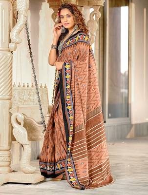 Brown ikkat print mulmul cotton saree with blouse. 3