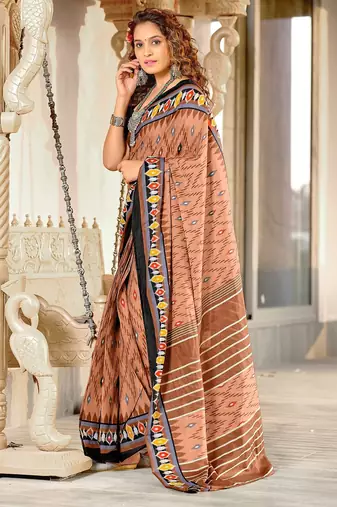 Brown ikkat print mulmul cotton saree with blouse.
