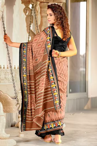 Brown ikkat print mulmul cotton saree with blouse.
