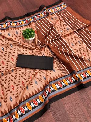 Brown ikkat print mulmul cotton saree with blouse. 5