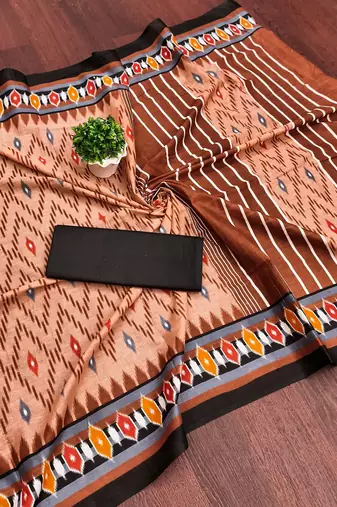 Brown ikkat print mulmul cotton saree with blouse.