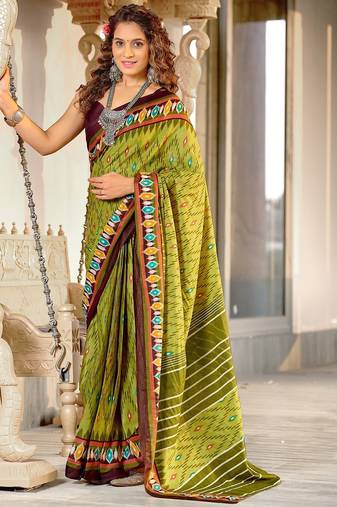 Green ikkat print mulmul cotton saree with blouse.