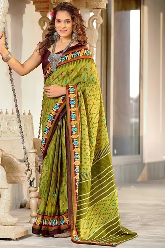 Green ikkat print mulmul cotton saree with blouse.