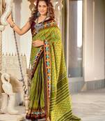 Green ikkat print mulmul cotton saree with blouse.