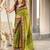 Green ikkat print mulmul cotton saree with blouse.