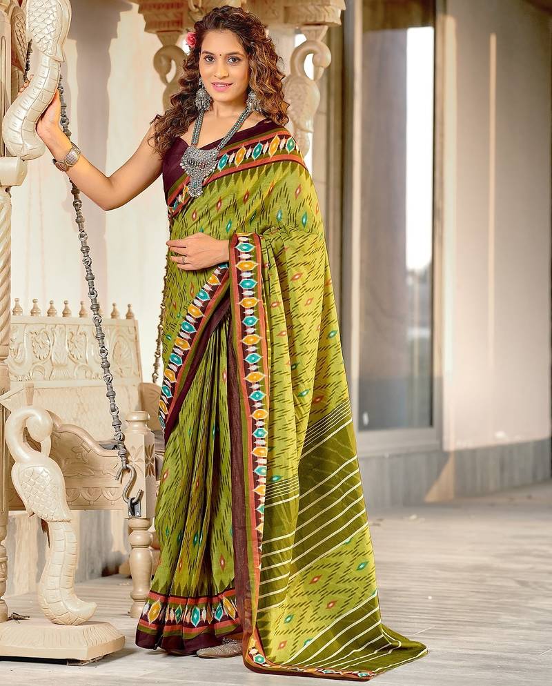 Green ikkat print mulmul cotton saree with blouse.