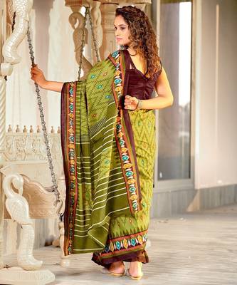 Green ikkat print mulmul cotton saree with blouse. 4