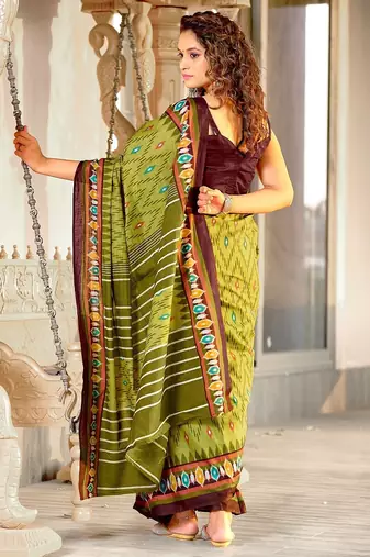 Green ikkat print mulmul cotton saree with blouse.