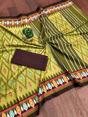 Green ikkat print mulmul cotton saree with blouse. 5