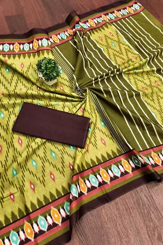 Green ikkat print mulmul cotton saree with blouse.