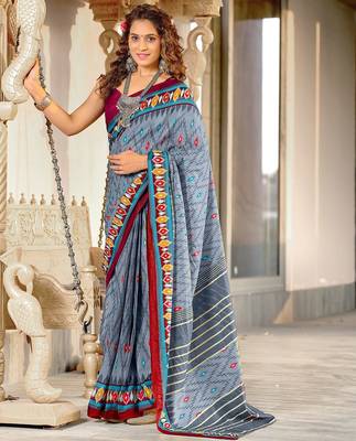 Grey ikkat print mulmul cotton saree with blouse. 1