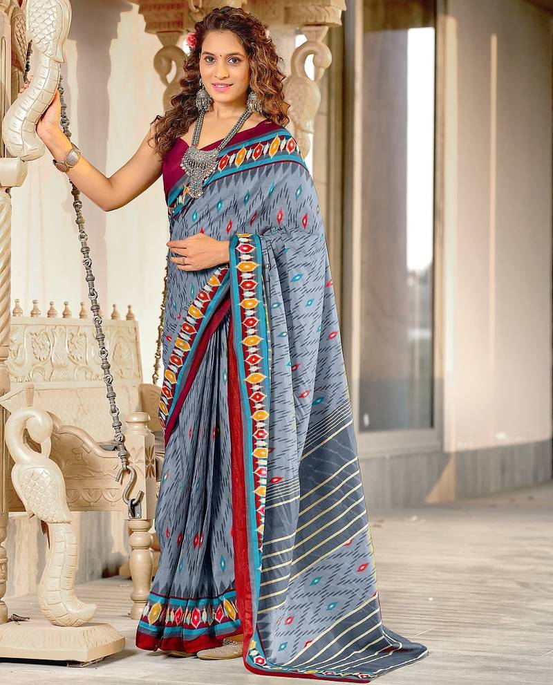Grey ikkat print mulmul cotton saree with blouse.