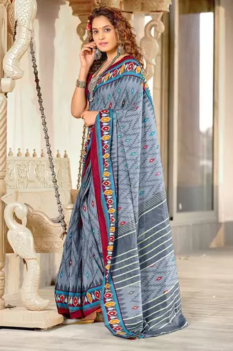 Grey ikkat print mulmul cotton saree with blouse.