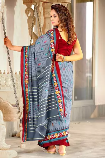 Grey ikkat print mulmul cotton saree with blouse.