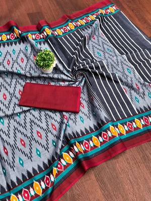 Grey ikkat print mulmul cotton saree with blouse. 5