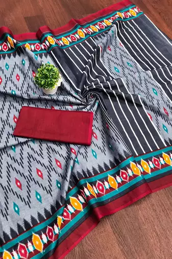 Grey ikkat print mulmul cotton saree with blouse.