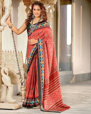 Peach ikkat print mulmul cotton saree with blouse. 1