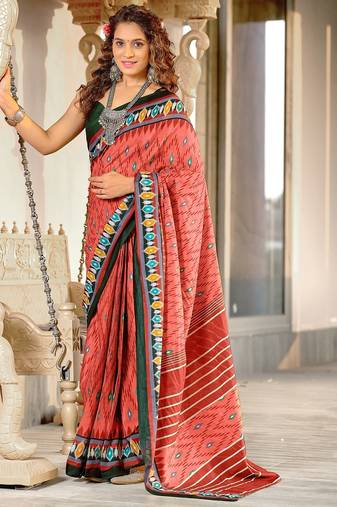 Peach ikkat print mulmul cotton saree with blouse.