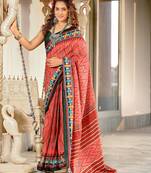 Peach ikkat print mulmul cotton saree with blouse.
