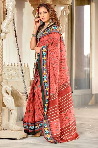 Peach ikkat print mulmul cotton saree with blouse.