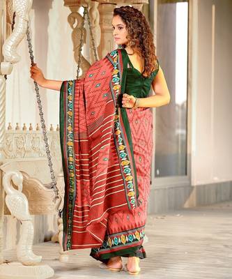 Peach ikkat print mulmul cotton saree with blouse. 4