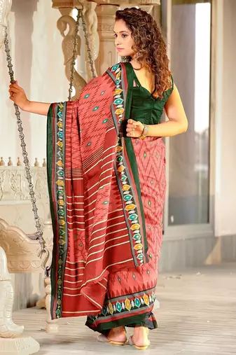 Peach ikkat print mulmul cotton saree with blouse.