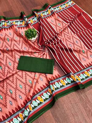 Peach ikkat print mulmul cotton saree with blouse. 5