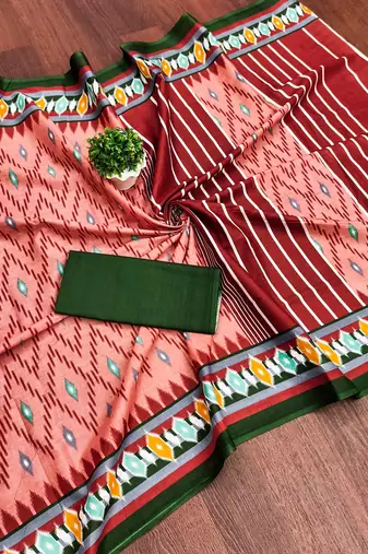 Peach ikkat print mulmul cotton saree with blouse.