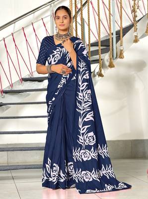 Blue floral print mulmul cotton saree with blouse. 1
