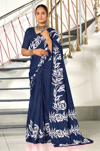 Blue floral print mulmul cotton saree with blouse.