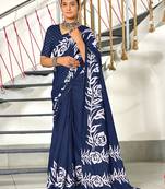 Blue floral print mulmul cotton saree with blouse.