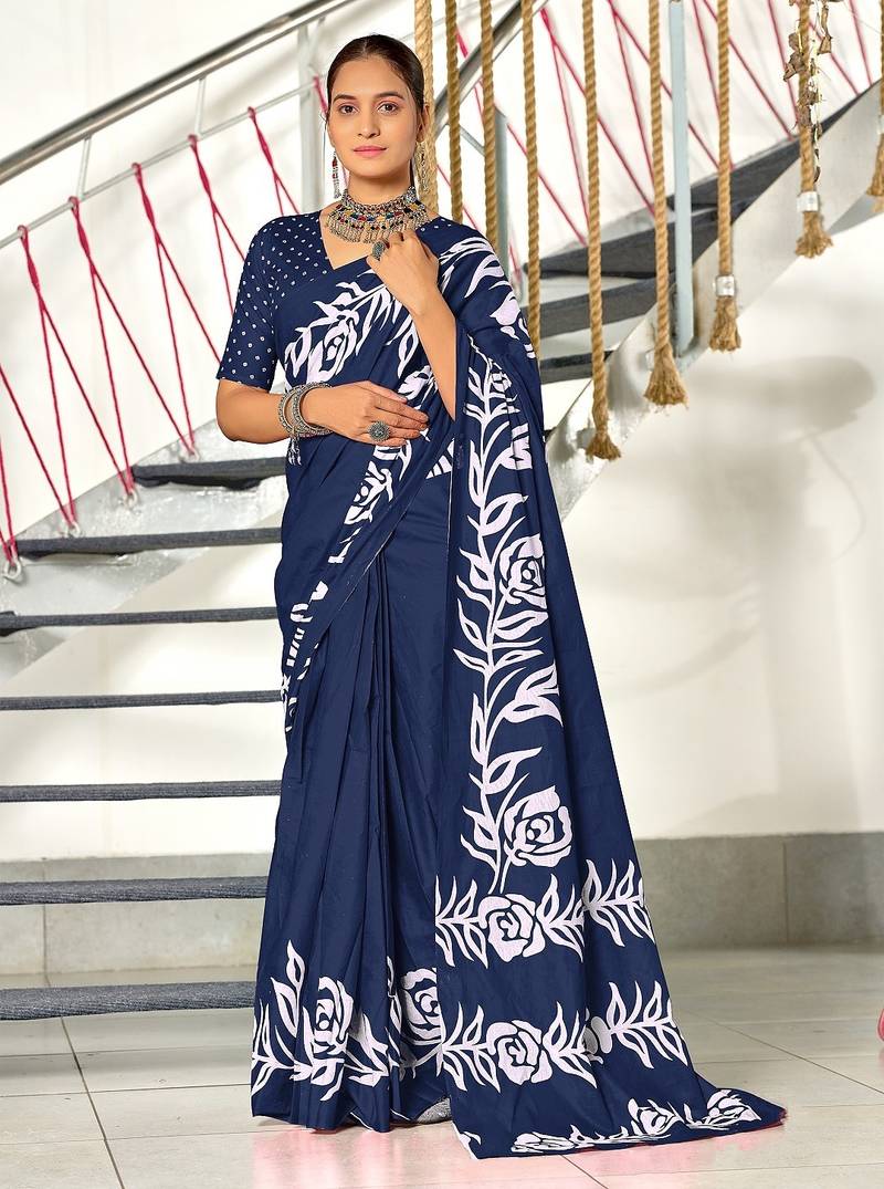 Blue floral print mulmul cotton saree with blouse.