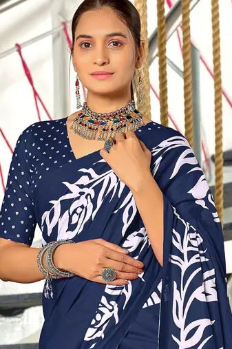 Blue floral print mulmul cotton saree with blouse.
