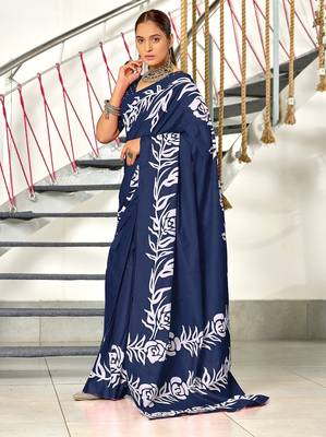 Blue floral print mulmul cotton saree with blouse. 3