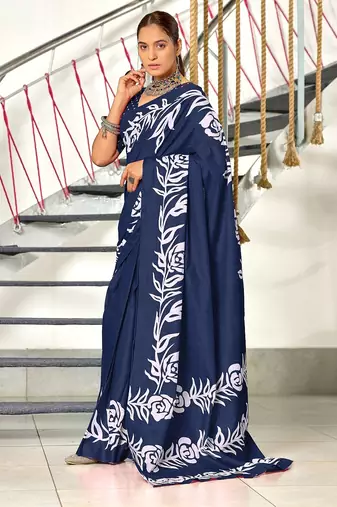 Blue floral print mulmul cotton saree with blouse.
