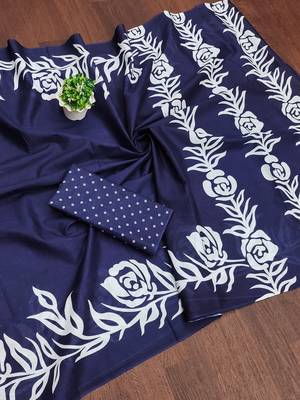 Blue floral print mulmul cotton saree with blouse. 5