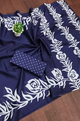 Blue floral print mulmul cotton saree with blouse.