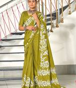 Green floral print mulmul cotton saree with blouse.