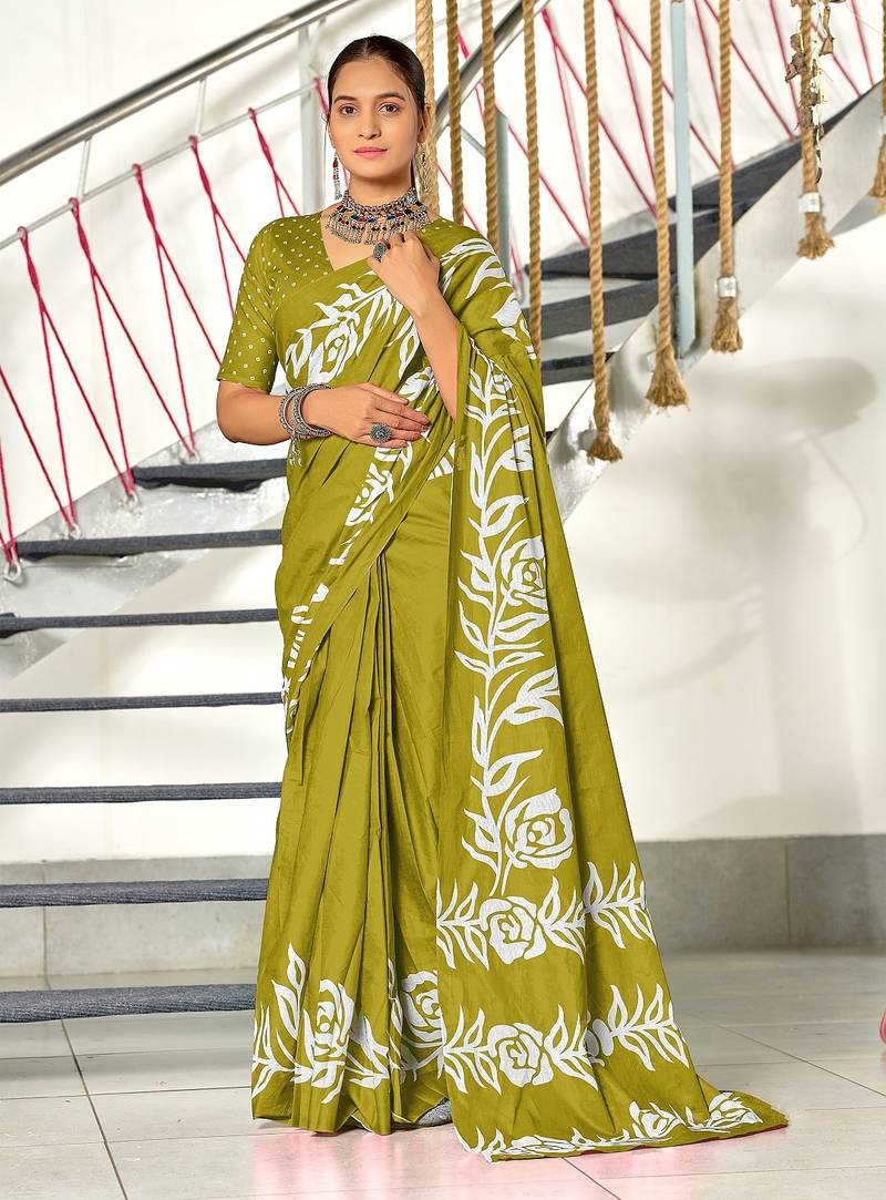 Green floral print mulmul cotton saree with blouse.