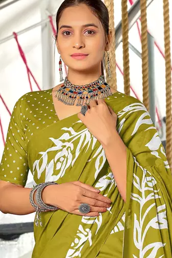 Green floral print mulmul cotton saree with blouse.