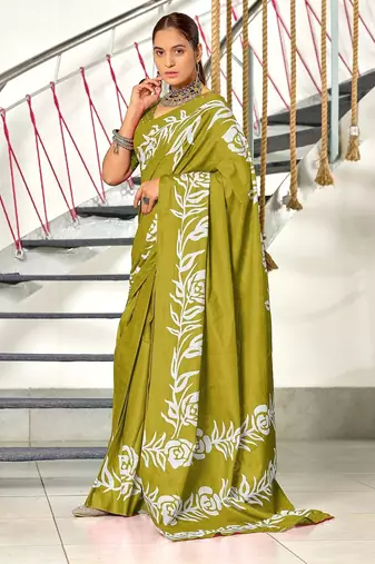 Green floral print mulmul cotton saree with blouse.