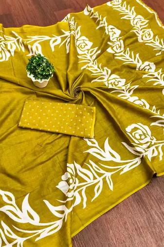 Green floral print mulmul cotton saree with blouse.