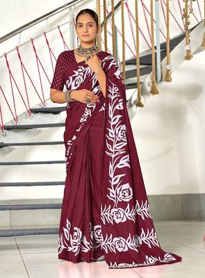 Maroon floral print mulmul cotton saree with blouse. 1