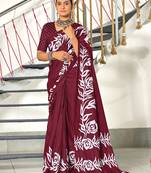 Maroon floral print mulmul cotton saree with blouse.