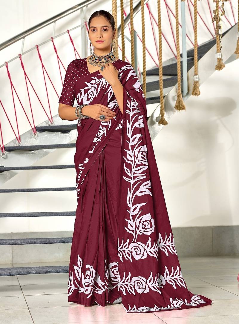 Maroon floral print mulmul cotton saree with blouse.