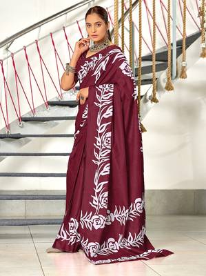 Maroon floral print mulmul cotton saree with blouse. 3
