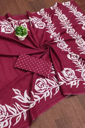 Maroon floral print mulmul cotton saree with blouse.